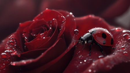 A ladybug resting on a dewy rose petal, symbolizing purity, love, and fortunate encounters.の素材