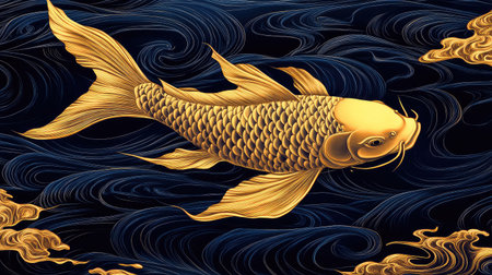 A single golden carp swimming through rippling water, symbolizing wealth and prosperity.の素材