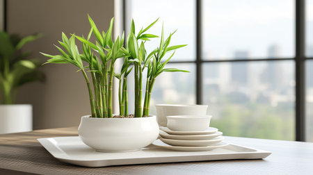A minimalist display of Lucky Bamboo stalks in a white ceramic pot, creating a peaceful and lucky ambiance.の素材