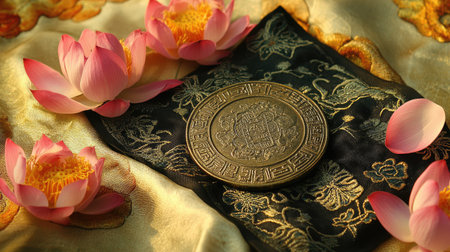 A beautifully engraved ancient Chinese coin placed on a silk pouch, surrounded by lotus flowers.の素材