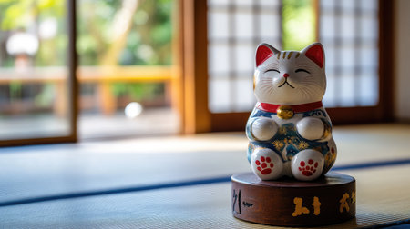 A Maneki Neko figurine on a wooden pedestal in a Japanese-style room with tatami mats and sliding doors.の素材