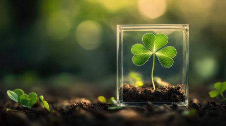 A carefully pressed four-leaf clover displayed in a transparent glass frame, symbolizing cherished memories.の素材