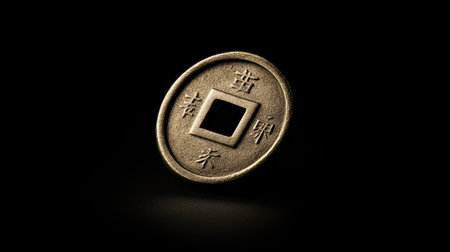 A minimalist composition featuring a single ancient Chinese coin on a black background with soft lighting.の素材