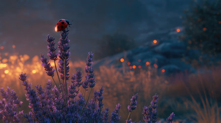 A ladybug perched on a lavender sprig, blending the symbolism of luck with calm and serenity.の素材