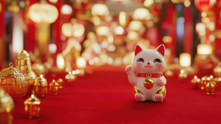 A Maneki Neko with a raised paw placed on a red carpet, surrounded by gold ingots and traditional lanterns.の素材