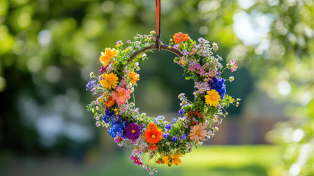 A hanging horseshoe decorated with fresh flowers, merging the symbol of luck with the beauty of nature.の素材