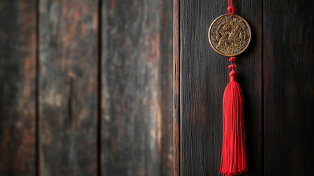 A golden ancient Chinese coin hanging from a decorative red tassel, commonly used as a lucky charm.の素材