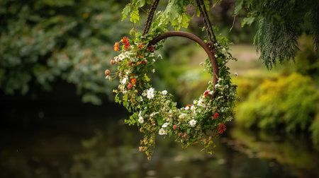 A hanging horseshoe decorated with fresh flowers, merging the symbol of luck with the beauty of nature.の素材