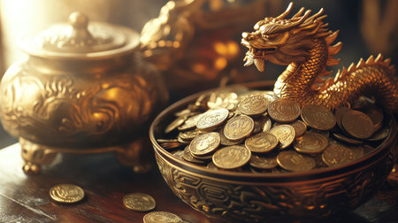 A bowl filled with ancient Chinese coins, placed next to a golden dragon figurine for added symbolism of luck.の素材