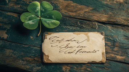 A rustic scene with a four-leaf clover placed on a wooden table, paired with a handwritten note about good fortune.の素材