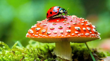 A whimsical scene of a ladybug on a mushroom cap in a forest clearing, surrounded by moss.の素材