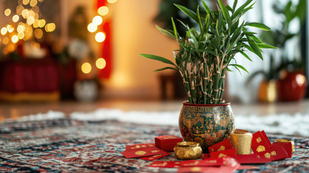 Lucky Bamboo in a decorative pot, surrounded by red envelopes and gold ingots for a festive look.の素材
