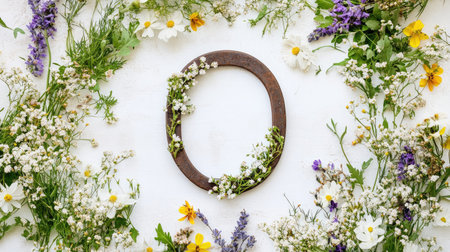 A flat-lay composition of a horseshoe surrounded by wildflowers, emphasizing nature and good luck.の素材