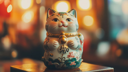 A close-up of a ceramic Maneki Neko with intricate details, placed on a traditional Japanese wooden table.の素材