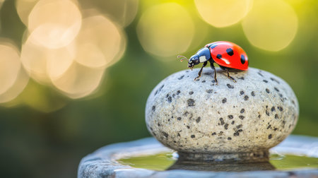 A ladybug resting on a small stone in a Zen garden, symbolizing balance and luck in tranquility.の素材