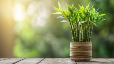 Lucky Bamboo arranged in a tiered formation, placed on a wooden table with a serene background.の素材
