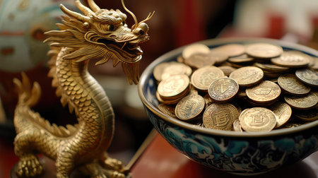 A bowl filled with ancient Chinese coins, placed next to a golden dragon figurine for added symbolism of luck.の素材