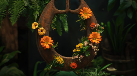 A hanging horseshoe decorated with fresh flowers, merging the symbol of luck with the beauty of nature.の素材
