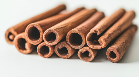 Close-up shot of cinnamon sticks with natural creases and earthy texture, placed on a clean white surfaceの素材