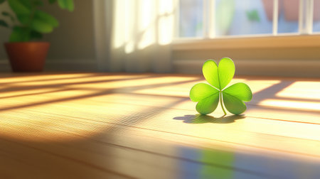 A single four-leaf clover resting on a wooden table, with soft natural light casting gentle shadows, symbolizing luck and hope.の素材