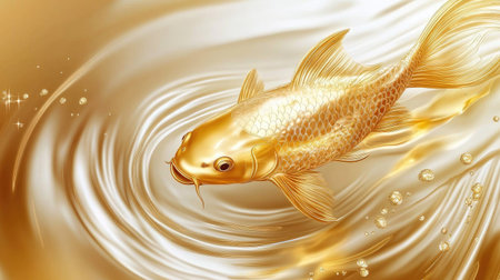 A single golden carp swimming through rippling water, symbolizing wealth and prosperity.の素材