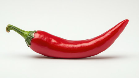 A macro shot of a red chili pepper, emphasizing its sharp, glossy texture and natural color, isolated on a clean white surfaceの素材