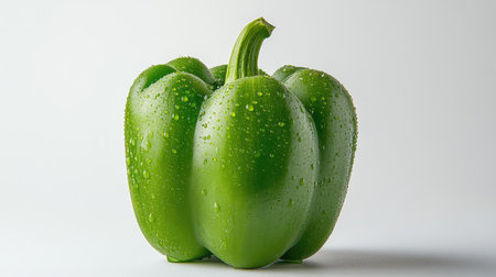 Detailed view of a fresh green bell pepper with droplets of water, showcasing its vibrant color and smooth surface against a white backdropの素材