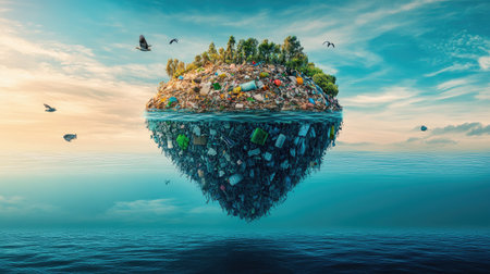 Wide view of a massive garbage island floating in the middle of a vibrant ocean, highlighting pollution and environmental degradationの素材