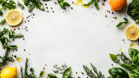Close-up of raw salmon fillet with fresh herbs, lemon slices, and olive oil drizzle, placed on a white backgroundの素材