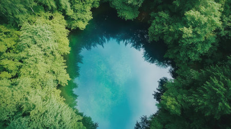 A clear blue lake surrounded by healthy, lush forests, showcasing the importance of water conservation.の素材