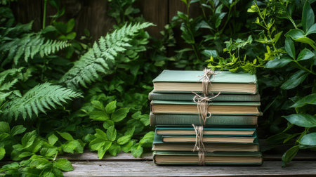 A stack of recycled books tied with twine, sitting on a wooden table surrounded by greenery.の素材