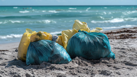 A beach cleanup scene with trash bags and cleaned-up sand, showcasing efforts to protect the ocean.の素材