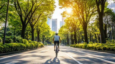 A person biking on a clean urban street lined with trees, promoting sustainable transportation.の素材