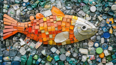 A creative wall art installation made entirely from recycled materials, showcasing innovation in recycling.の素材