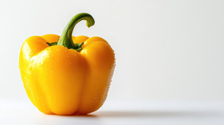 Vibrant shot of a yellow pepper on a clean white background, highlighting its smooth skin and fresh, juicy appearanceの素材