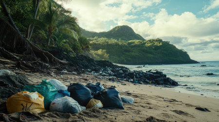 A beach cleanup scene with trash bags and cleaned-up sand, showcasing efforts to protect the ocean.の素材