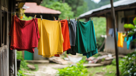 A family hanging laundry to dry outdoors, avoiding energy consumption from dryers.の素材