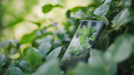A digital carbon footprint calculator on a smartphone, showing emissions reduced through sustainable actions.の素材