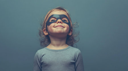 A child wearing a superhero mask, with a confident and playful expression on their face.の素材