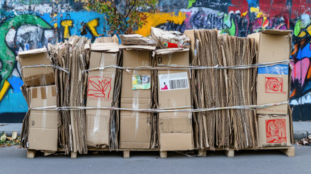 A group of stacked cardboard boxes tied with twine, ready to be taken to a recycling center.の素材