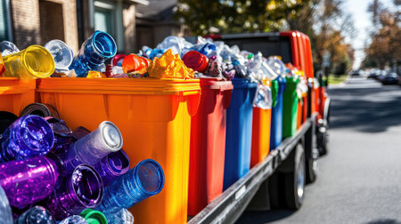 A recycling truck collecting sorted waste from curbside bins in a suburban neighborhood.の素材