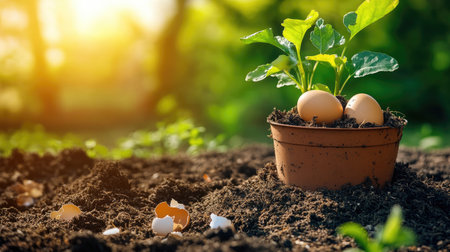 A compost bin filled with vegetable scraps and eggshells in a green backyard garden.の素材