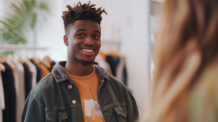 A young adult swapping clothes at a community clothes exchange, promoting sustainable fashion.の素材