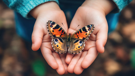 A childs hands carefully holding a small butterfly, with a soft background of nature.の素材