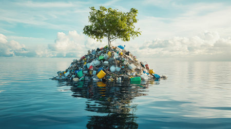 Dynamic side view of a trash-covered island floating in calm ocean waters, showcasing environmental neglect and its consequencesの素材