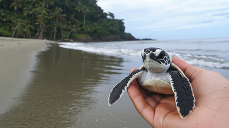 A close-up of a turtle being released back into the ocean, symbolizing marine conservation.の素材