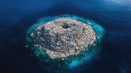 Elevated view of garbage forming a massive island in the sea, a striking visual representing the urgency of environmental preservationの素材