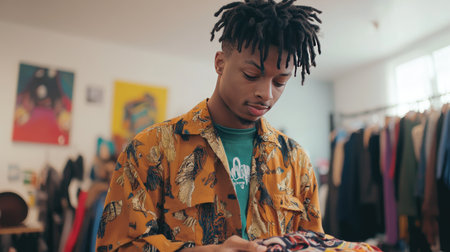 A young adult swapping clothes at a community clothes exchange, promoting sustainable fashion.の素材