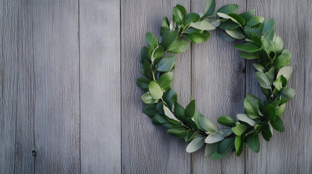 A recycling symbol made from green leaves on a wooden background, promoting environmental awareness.の素材