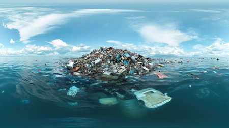 Panoramic angle showing an island of waste materials floating in the ocean, surrounded by marine debris, highlighting pollution issuesの素材